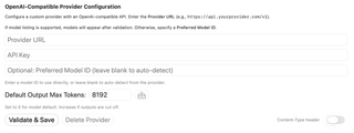 OpenAI-compatible provider configuration with endpoint, key, preferred model, token limit, and save controls