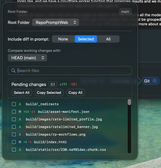 Git controls panel showing pending changes and diff inclusion options