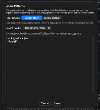 Ignore Patterns editor with Local Folder and Global Default scopes and a list of excluded paths