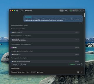 Agent Mode running an Investigate workflow with Context Builder, Oracle, and file reads