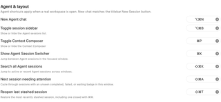 Agent and layout shortcuts for new chat, session sidebar, Context Composer, and session search
