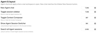 Agent and layout shortcuts for new chat, session sidebar, Context Composer, and session search
