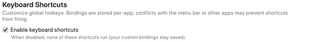 Enable keyboard shortcuts master switch and explanation that custom bindings remain saved