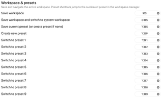 Workspace save actions and numbered preset shortcuts