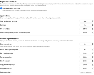 Keyboard Shortcuts master switch, Application group, and current-session actions