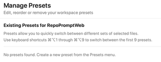 Manage Presets showing the current workspace and its empty preset list