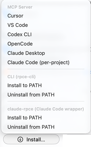 Install menu with six MCP client choices, rpce-cli PATH actions, and separate claude-rpce wrapper PATH actions
