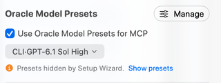 Oracle Model Presets with Manage, the model picker, and Show presets