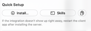 Quick Setup with Install, Skills, and copy-configuration controls