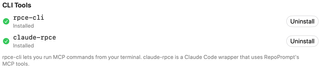 CLI installation status and uninstall actions for rpce-cli and claude-rpce