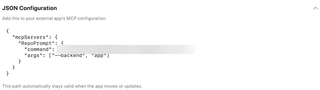 Expanded JSON Configuration with the local command path blurred and app backend arguments visible