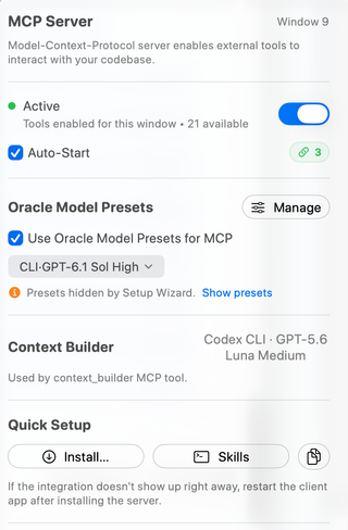 Current MCP Server popover with window status, Oracle presets, Context Builder, and Quick Setup