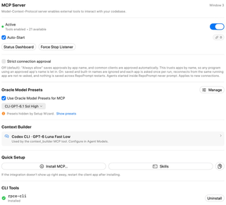 MCP Server settings with window status, strict connection approval, Oracle presets, Context Builder, and setup controls
