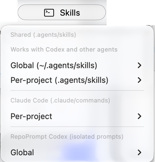 Skills menu showing global and per-project shared skills, per-project Claude Code skills, and global prompts in RepoPrompt's isolated Codex environment
