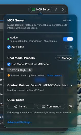 MCP Server popover showing server controls, chat model presets, and context builder configuration