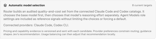 Automatic model selection summary with current target count and connected Claude Code and Codex CLI providers