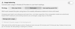 Usage balancing switch, three strategies, Manage plan usage button, and background refresh option