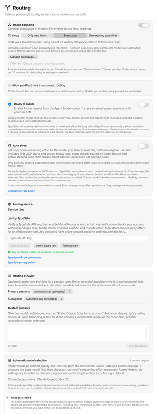 Full Routing settings pane showing usage balancing, paid Fast tiers, Model Router, Auto effort, Jev configuration, routing preferences, and data sharing