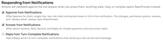 Response action switches for approval, answers, and replies to completed turns