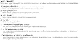 Agent Sessions controls for approvals, instruction waits, completion, failure, active-app completions, agent-driven sessions, and MCP questions