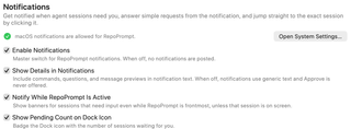 Permission status, Open System Settings button, master switch, preview details, active-app delivery, and Dock badge controls