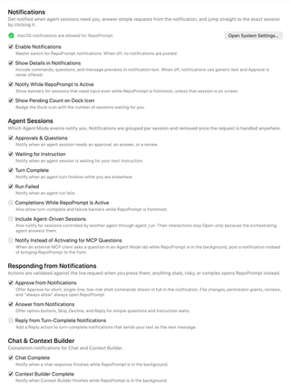 Full Notifications pane showing delivery controls, Agent Sessions events, response actions, and Chat and Context Builder notifications