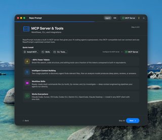 MCP Server onboarding showing quick install, workflow skills, and supported clients