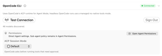 OpenCode CLI panel with connection test, sign-out button, and ACP session mode
