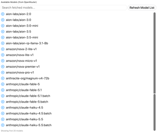 Fetched OpenRouter model search, refresh button, and add controls