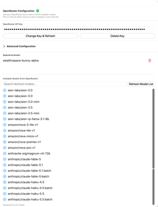 OpenRouter pane showing key controls, advanced configuration, registered models, and fetched models