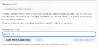 Oversight popover with session-scoped activation and controls for adding an existing session by ID