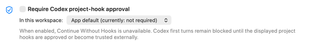 Codex project-hook approval switch and workspace override menu