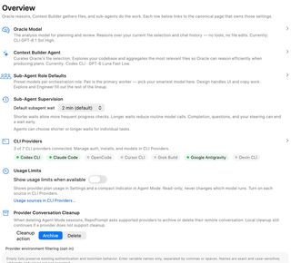 Overview model links, supervision, provider status, usage display, and cleanup controls