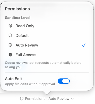 Permissions popover with Codex sandbox levels and the separate Auto Edit switch