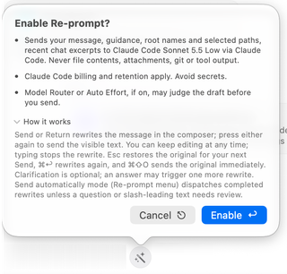 Enable Re-prompt confirmation describing shared information, provider billing, review behavior, and keyboard controls