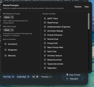 Stored prompts panel showing built-in categories and saved custom prompts