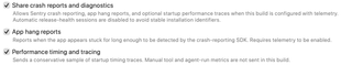 Share crash reports and diagnostics, App hang reports, and Performance timing and tracing controls