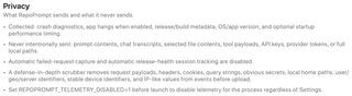 Privacy disclosure listing collected metadata, excluded content, scrubbing, and the process-level disable variable
