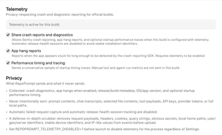 Full Telemetry pane with build status, three reporting controls, and privacy explanation