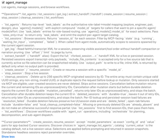 agent_manage switch and expanded agent catalog, session management, and workflow description