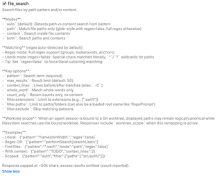 file_search switch and expanded path, content, matching, and filter options