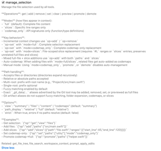 manage_selection switch and expanded selection operations, full files, slices, and Code Maps