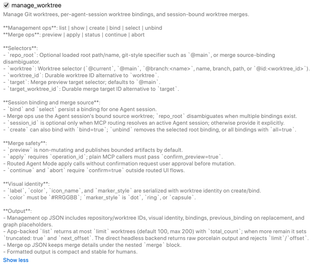 manage_worktree switch and expanded Git worktree binding, merge preview, apply, and confirmation behavior