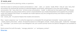 oracle_send switch and expanded conversation continuation, model selection, and export behavior