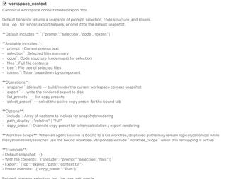 workspace_context switch and expanded snapshot, export, token, and copy-preset options