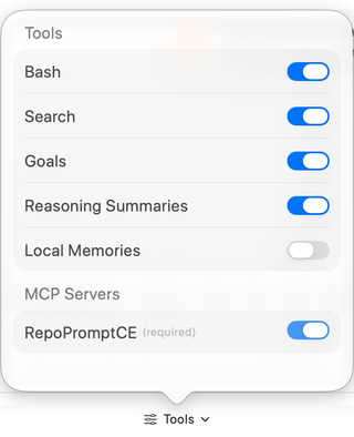 Codex Tools popover showing Bash, Search, Goals, Reasoning Summaries, Local Memories, and required RepoPromptCE MCP access