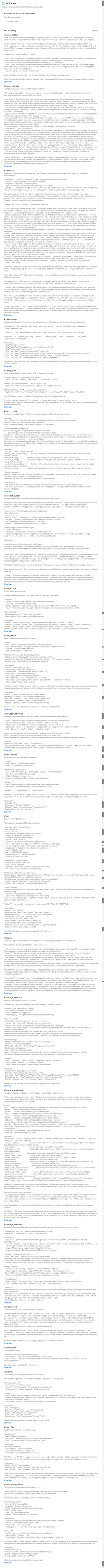 Complete MCP Tools pane with all 21 tool descriptions expanded