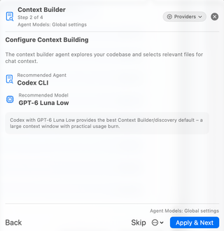 Complete Context Builder recommendation step with Back, Skip, overflow menu, and Apply &amp; Next controls