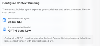 Context Builder recommendation showing the selected Codex discovery model and its explanation