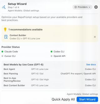 Setup Wizard intro with one Context Builder recommendation, provider status, best-model reference, Quick Apply All, and Start Wizard